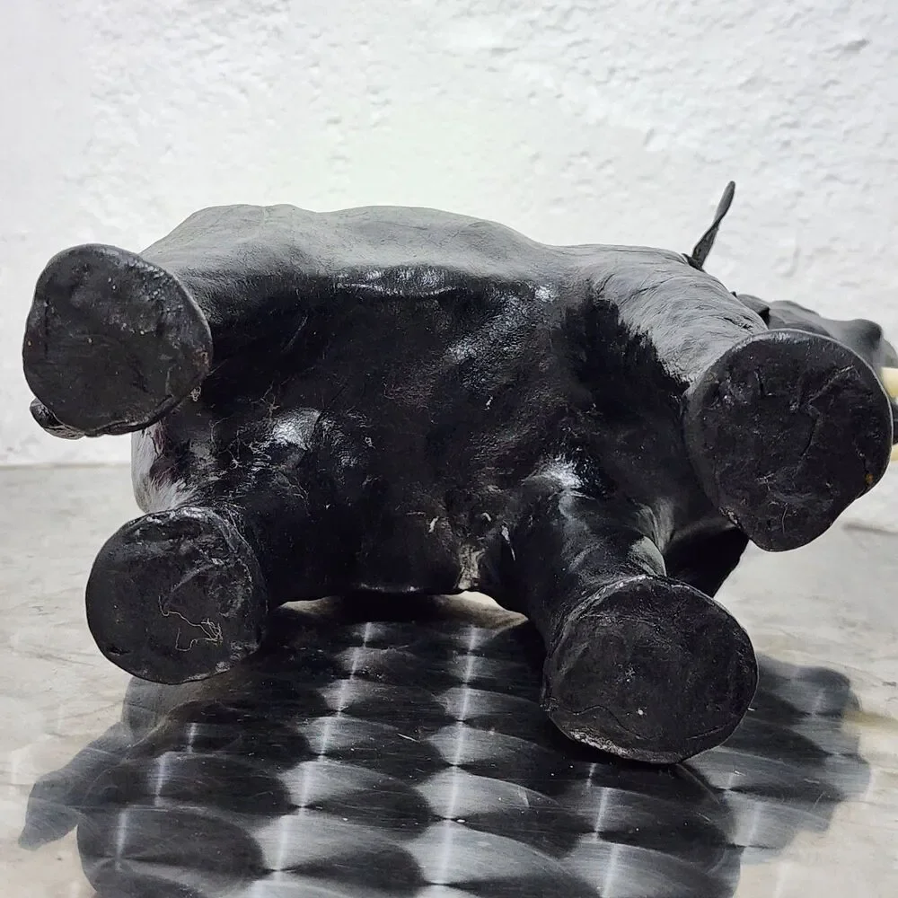 Vtg Black Leather Wrapped Elephant Statue Figurine Trunk Up MCM Safari Decor 11